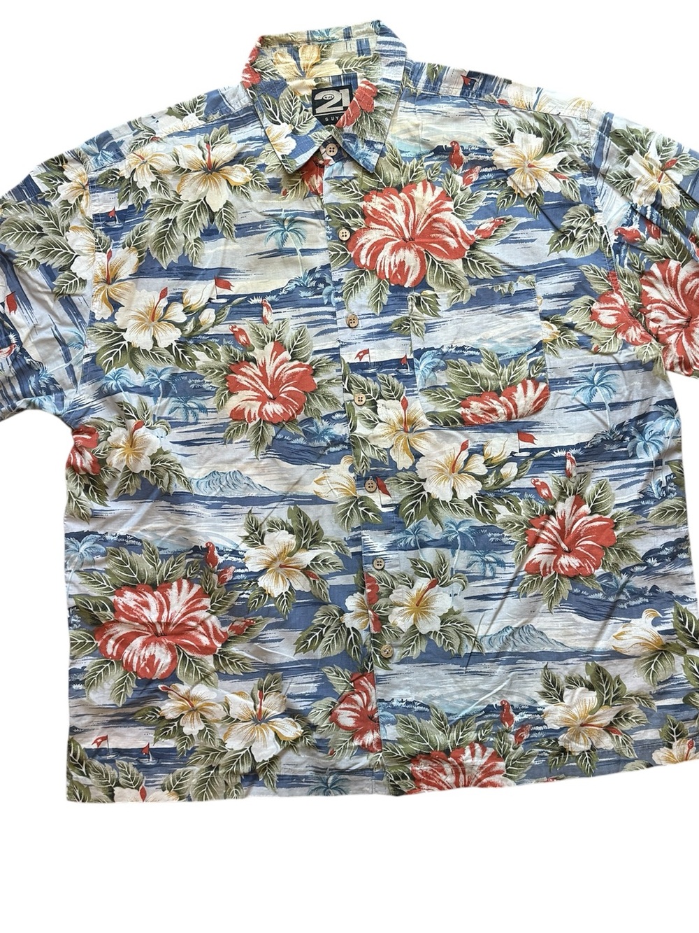 Rue21 Blue Floral Hawaiian Button-Down Shirt with Red &Cream 100% cotton